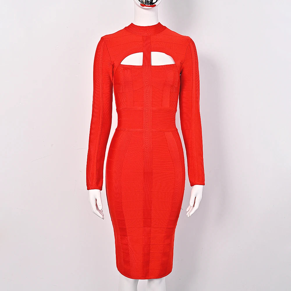 Red dress with cut-out design on a mannequin against a white background