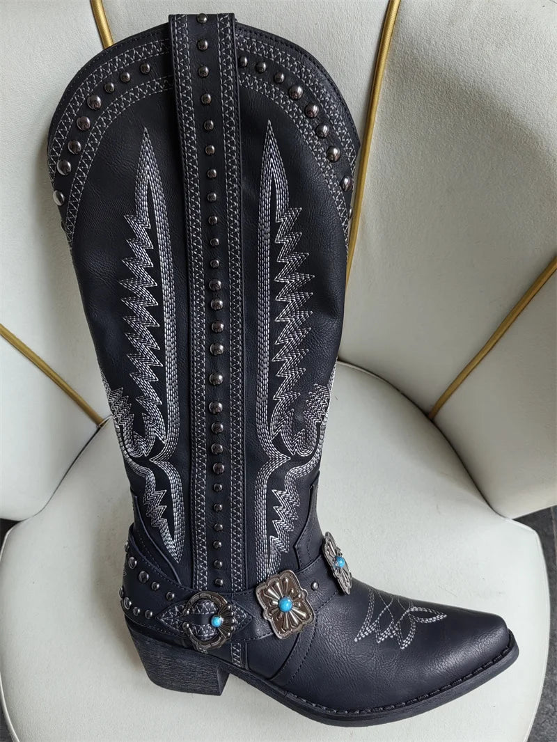 Black embroidery buckle knee high boot
