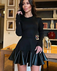 O-Neck Long Sleeve Patchwork Pleated Mini Dress