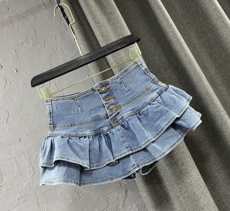 Girl High Waist Ruffles Cake Jeans Pleated Mini Skirt