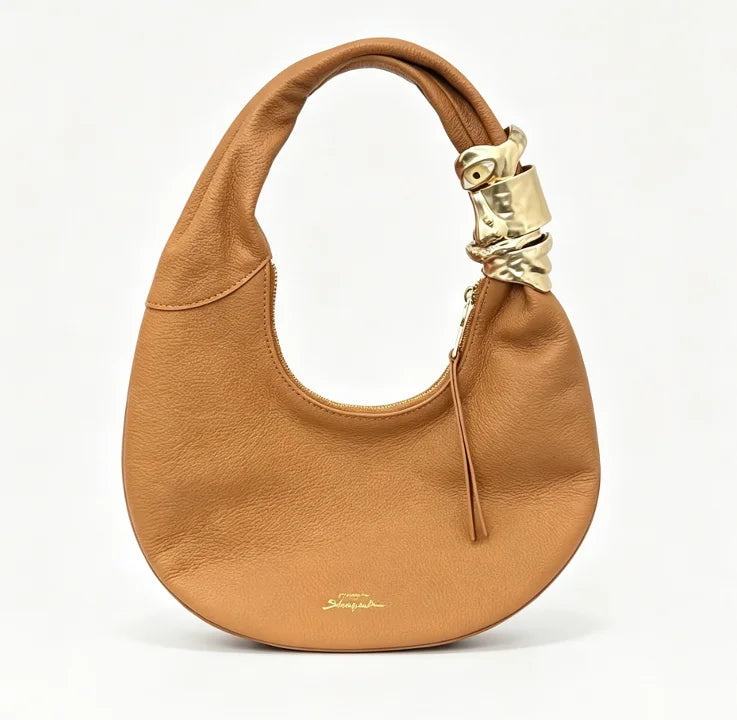 Brown grained leather face hardware shoulder bag