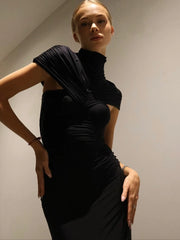high neck black bodycon gown for winter events