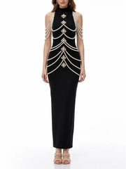Black high neck sleeveless maxi dress with pearl and crystal embellishments