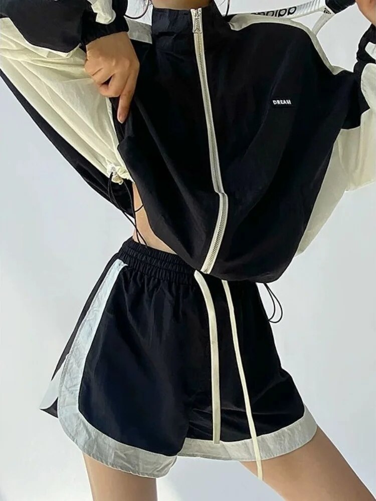 Two Piece Shorts Sets Women Oversize Patchwork Zip Jacket