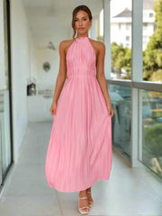 Folds Halter Solid Pink Off Shoulder Maxi Dress