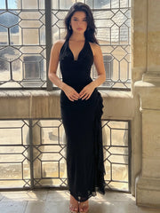 Ruffled halter neck maxi dress in black