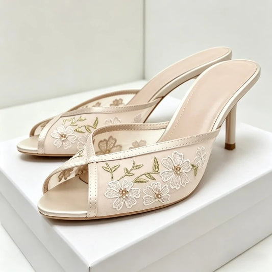 Beige embroidered floral stiletto mules