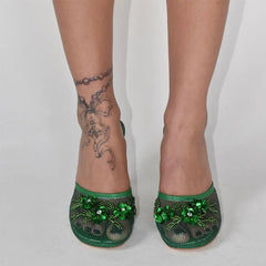 Embellished Mesh Wedge Mule Shoes