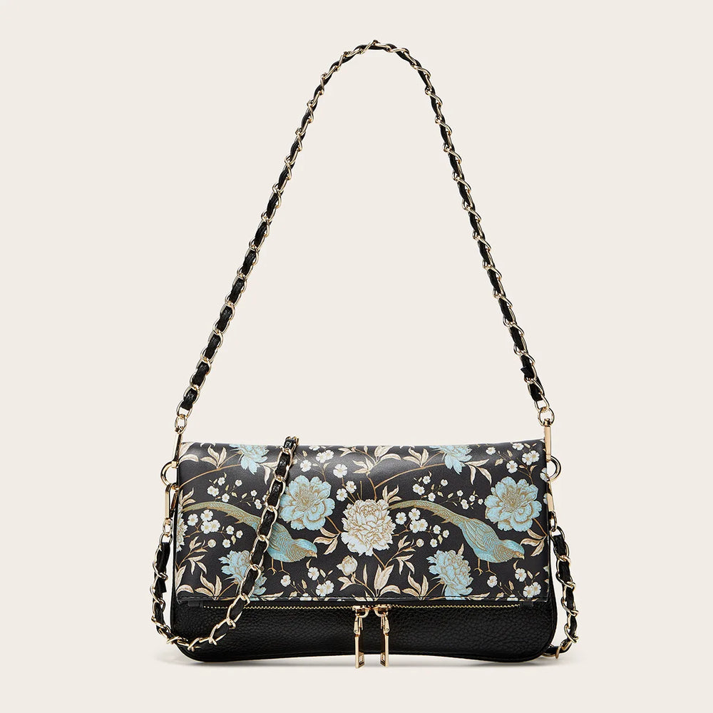 Black floral print chain shoulder bag with blue accents