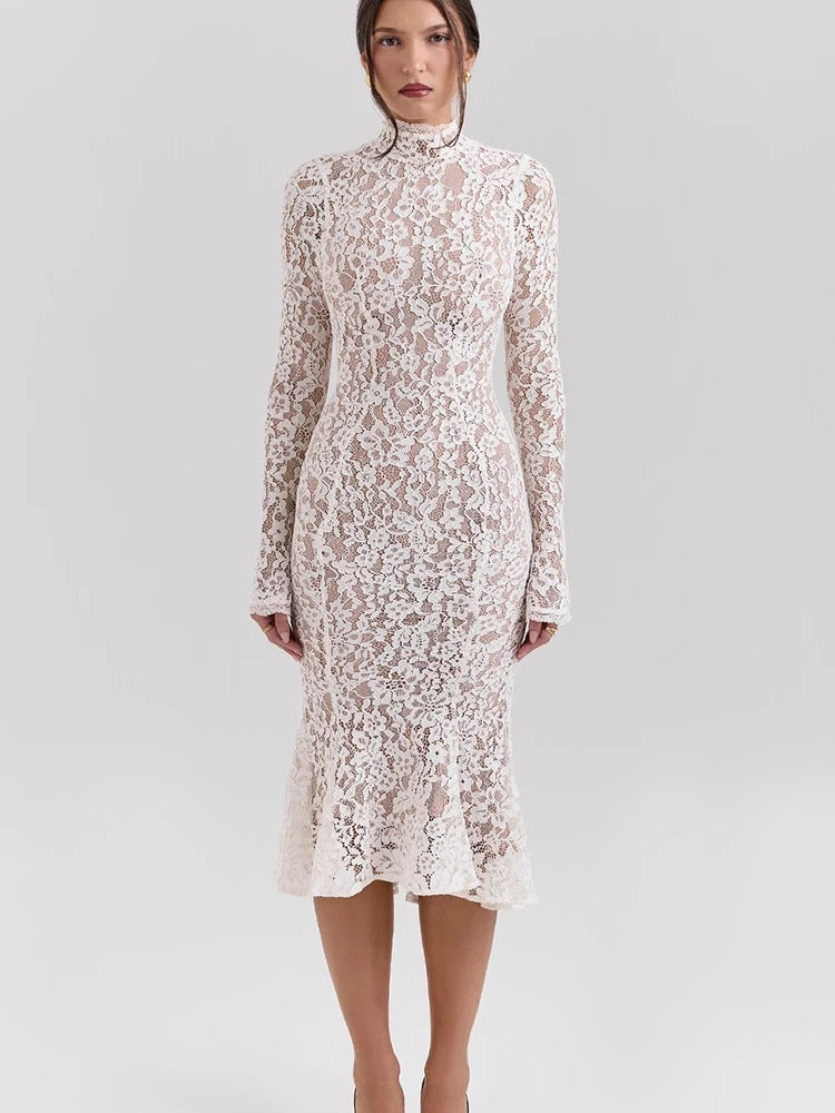 【n.k atelier】lace dress Lace White Long Sleeve Turtleneck Dress – Golden Atelier