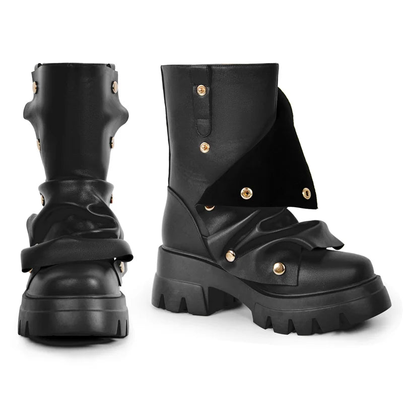 Black leather chunky platform foldover boots front view