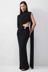 High Neck One Long Sleeve Draped Cutout Waist Maxi Dress