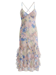 Watercolor Print Spaghetti Strap Trumpet Hem Ruffled Gown