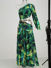 Floral Printed One Shoulder Cut Out Chain Maxi Dress