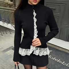 Ribbed Lace Trim Mock Neck Top