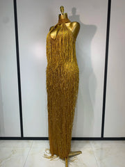 Gold beaded fringe halter gown side view