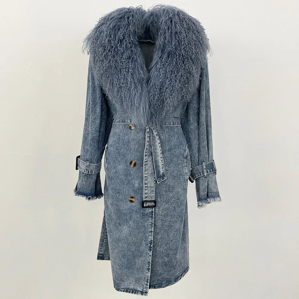 Blue denim coat with fur collar on a light gray background