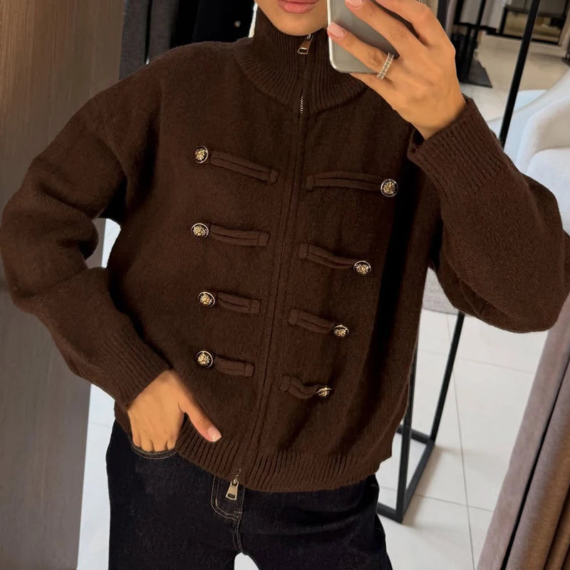 Brown knit jacket with stand collar and double-breasted button detail