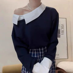 Irregular Skew Collar Contrasting Color Sweatshirt