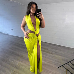 Deep V Cut Out Slit Asymmetrical Long Dress