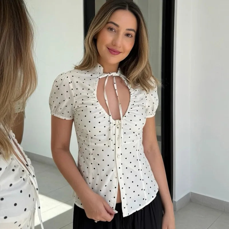 White polka dot short sleeve lace-up V-neck top