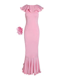 Pink Dress Ruffle Layer Flower Mermaid V-neck Floor Length Dress