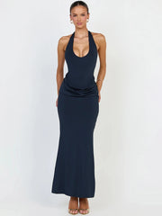 Navy halter neck ruched waist maxi dress