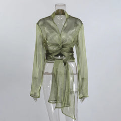 Green Glitter Wrap Front Long Sleeve Shirt