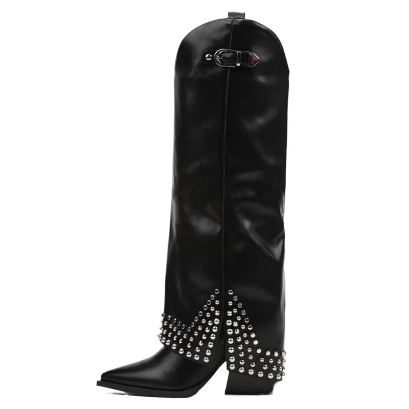 Black leather knee-high boots with pointed toe and silver stud embellishments