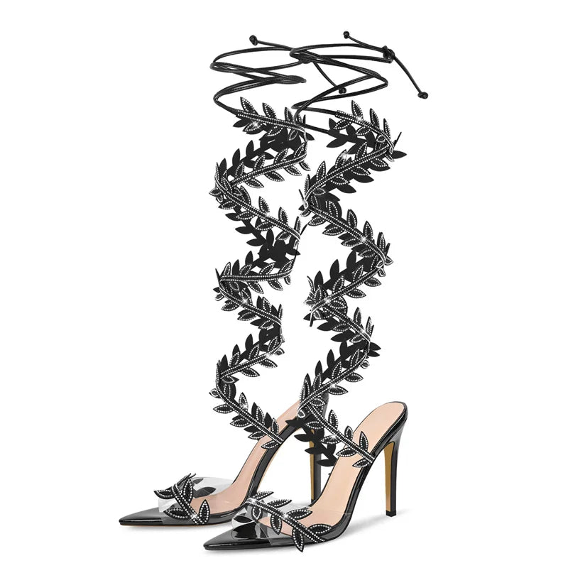 Pair of crystal leaf lace-up stiletto sandals