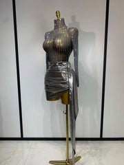 Sequin Sheer Long Sleeve Turtleneck Metallic Draped Mini Dress