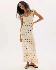 Satin Polka Dot Cap Sleeve Maxi Dress