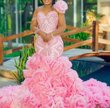 Pink Mermaid Flowers Appliques Ruffles Bottom Prom Dress
