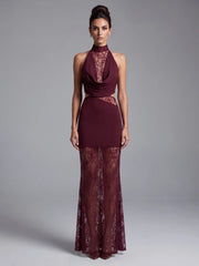 Burgendy Turtleneck Lace Patchwork Folds Maxi Dress