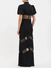 Black Lace Patchwork Puff Sleeve Maxi Dress