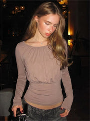 Boat Neck Long Sleeve Draped Back Tie-Up Top