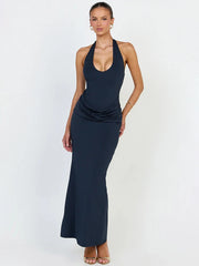Navy halter neck ruched waist maxi dress