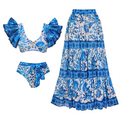 V-Neck Tie-Strap Swimsuit and Wrap Skirt Set