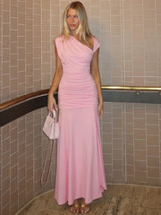 Asymmetric neckline ruched maxi dress in pink