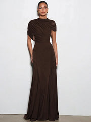 Brown draped mock neck maxi dress with short sleeves