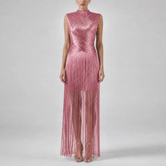 Mock Neck Fringe Maxi Dress