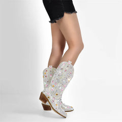 Decorative cowboy boots with rhinestones on a white background