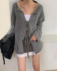 Gray Hollow-out Lace Up Knitted Cardigan