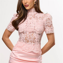 Sheer floral lace mock neck puff sleeve top in pink