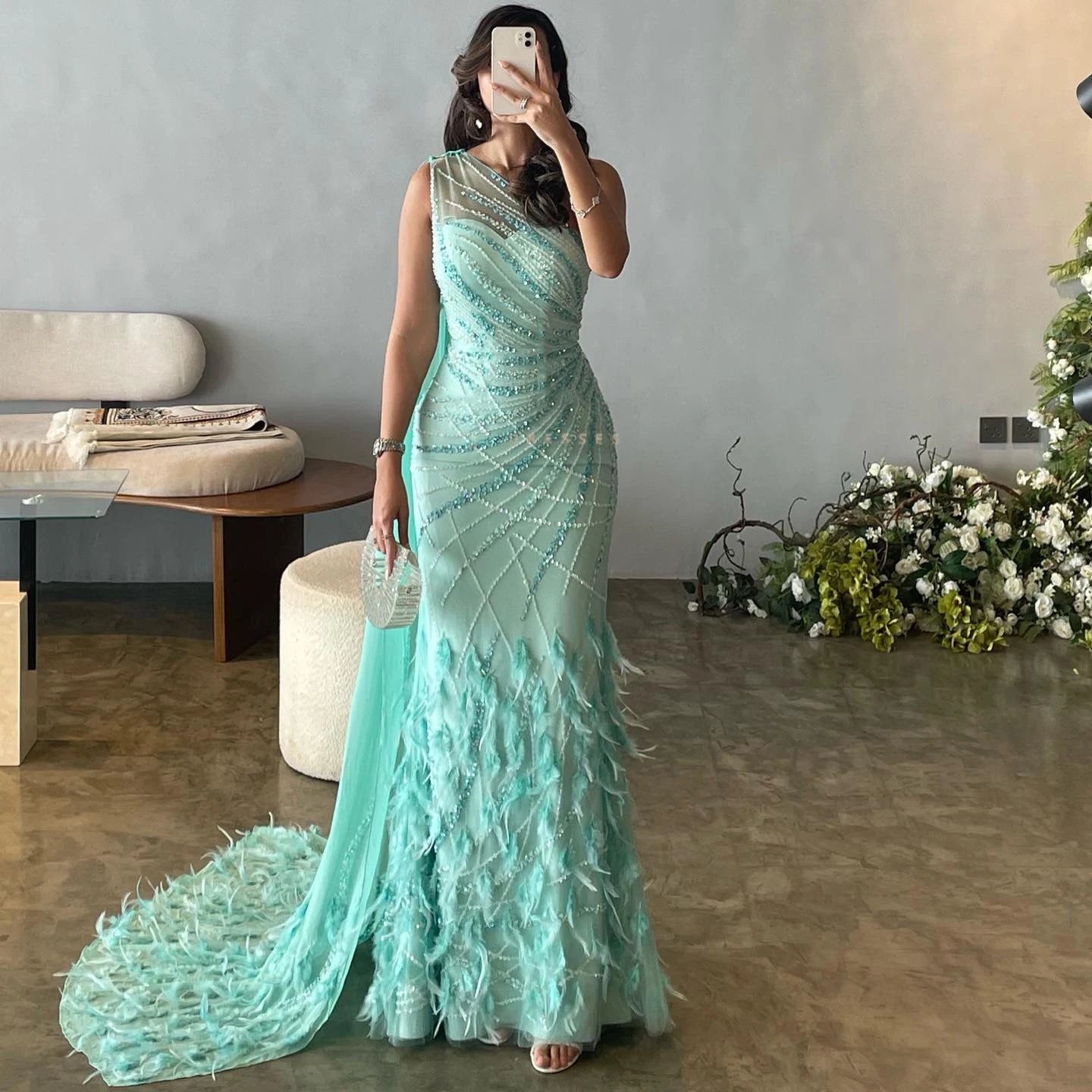 Feather Turquoise One Shoulder Mermaid Evening Dress with Cape Prom Wedding Party Gowns Golden Atelier 1