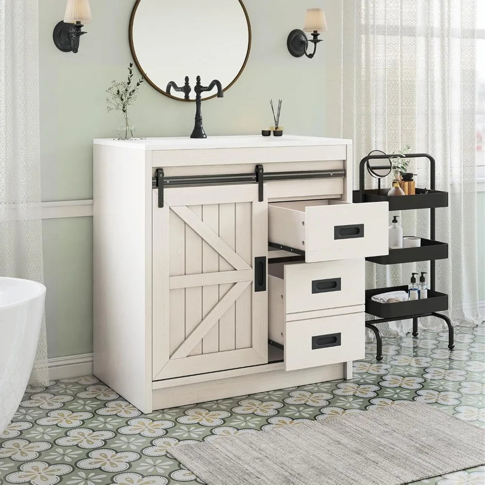 "Modern sliding barn door vanity with sleek sink design"