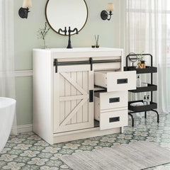 "Modern sliding barn door vanity with sleek sink design"