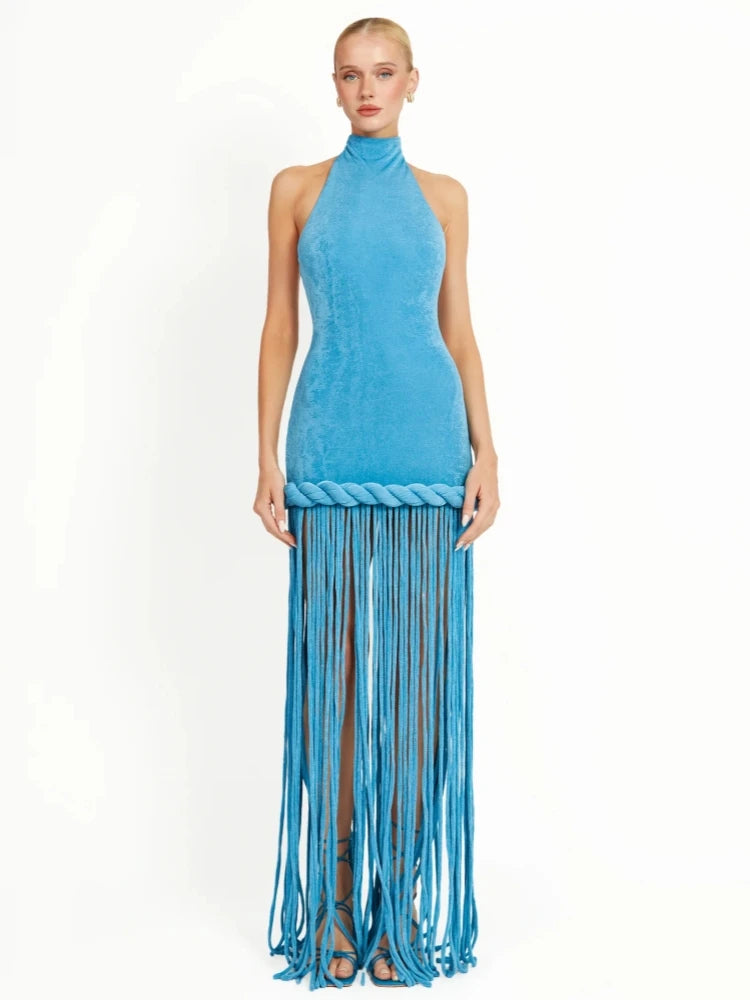 Blue dress with fringe details on a white background