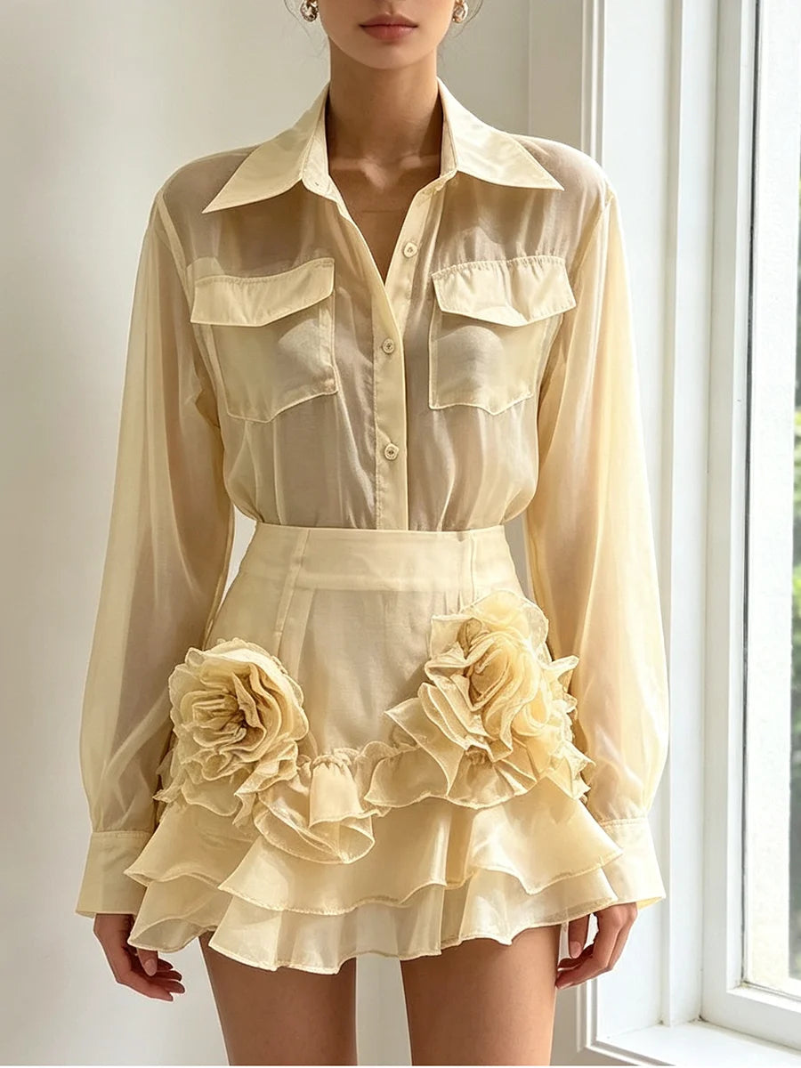 Close-up of the floral embellishments on the ruffle skirt