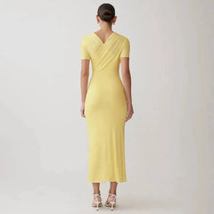 Ruched Cross Neck Short Sleeve Maxi Dress